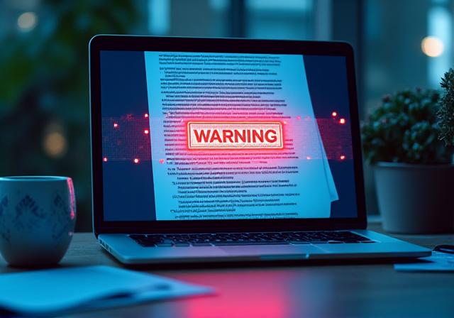 A computer screen showing a generic legal template with warning signs